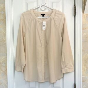 Ann Taylor Cotton Blend Cream Blouse with Gathered Scoop Neckline. NWT